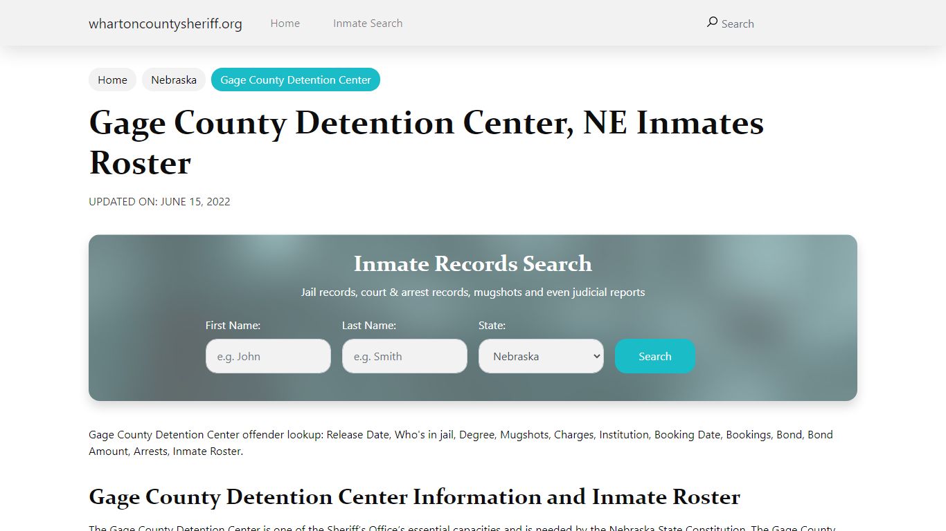 Gage County Detention Center , NE Inmates Roster